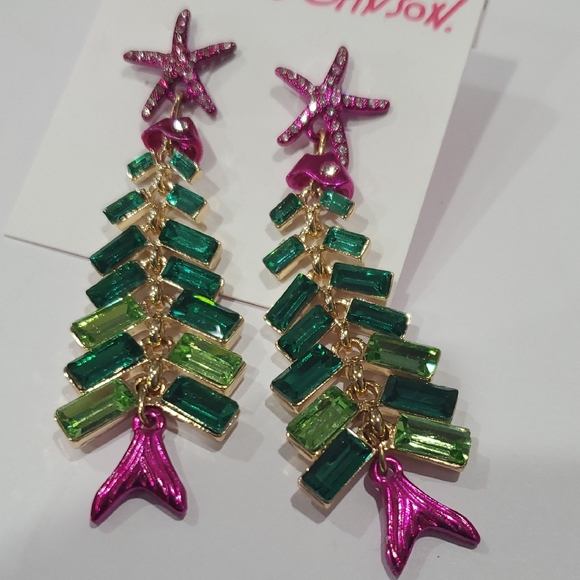 Betsey Johnson emerald purple pave starfish mermaid tail gemstone earrings new - Picture 1 of 7